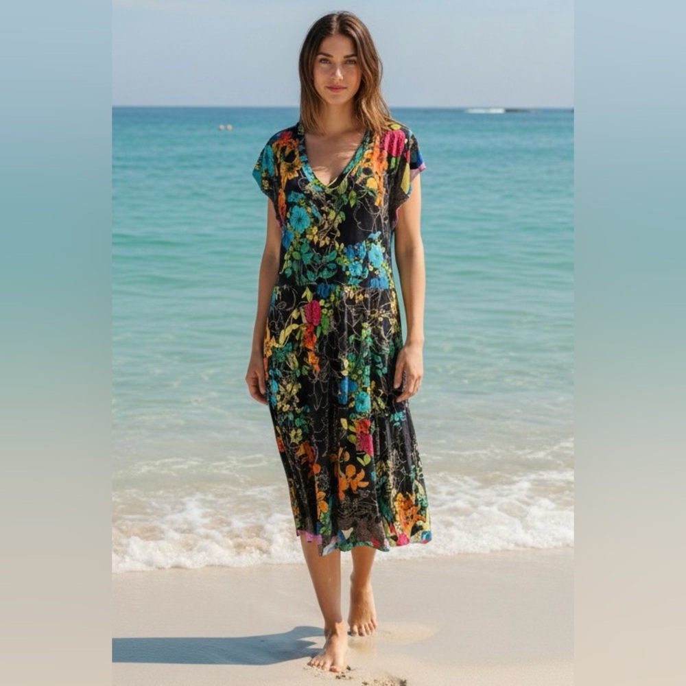 Johnny Was Nero Sequence Tiered Midi Dress Bamboo Viscose Floral Boho Sz S